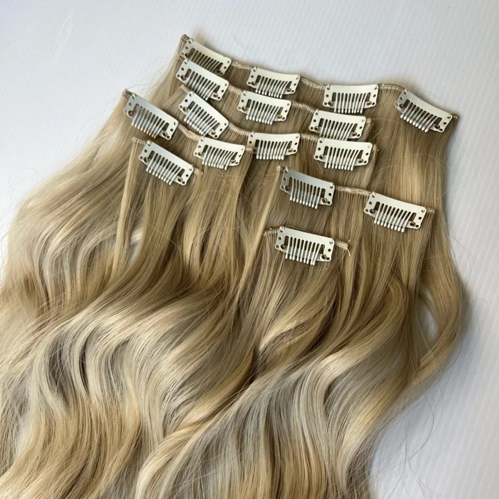 Clip ins Hair Extensions Ash Light Blonde - Wave style - Human hair Blend